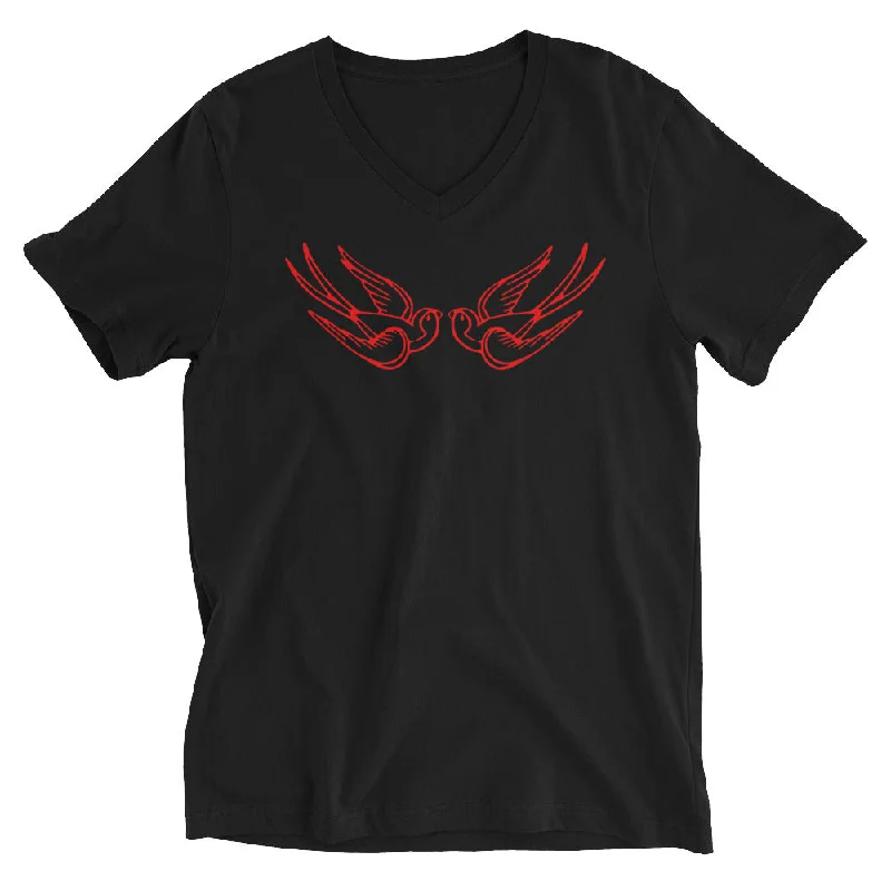 Red Falling Sparrows Tattoo Style Bird Short Sleeve V-Neck T-Shirt Polka Dot Checkered Tartan
