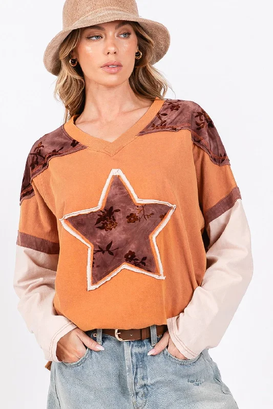 SAGE + FIG Women's Star Patch Long Sleeve Color Block T-Shirt Machine Wash Dry Clean Hand Wash