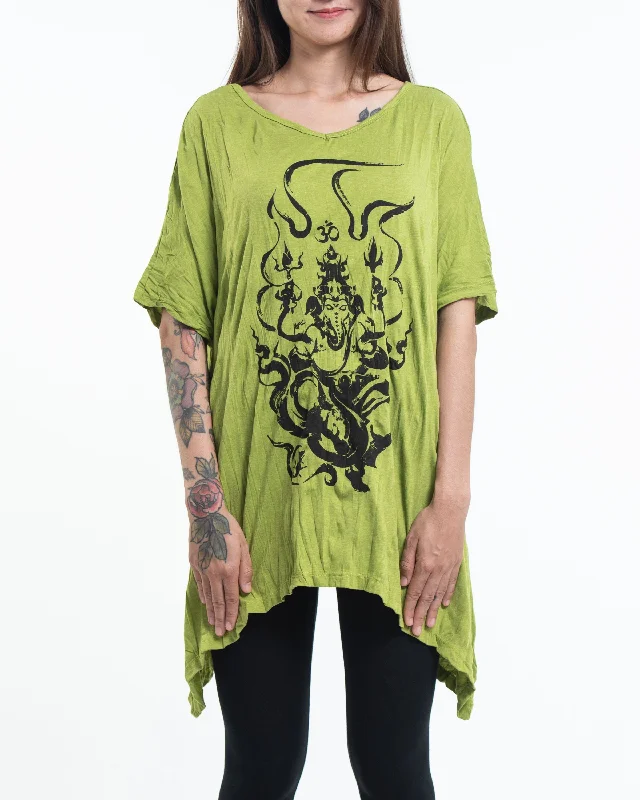 Sure Design Women's Ganesh Chakra Loose V Neck T-Shirt in Lime Satin Fabric Silk Fabric Chiffon Fabric