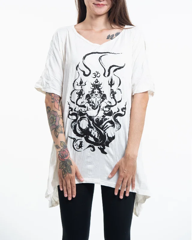 Sure Design Women's Ganesh Chakra Loose V Neck T-Shirt in White Cotton Fabric Linen Fabric Terry Fabric