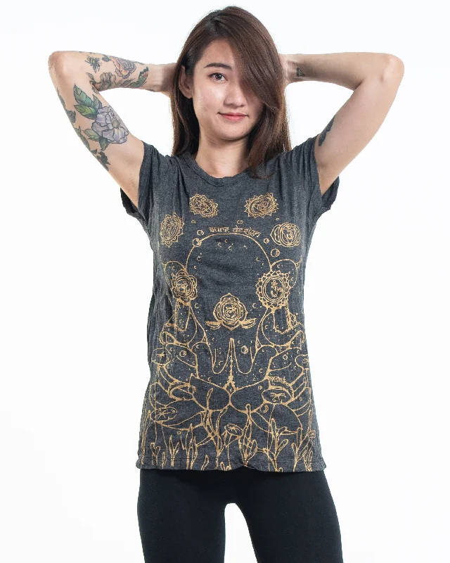Sure Design Womens Octopus Chakras T-Shirt Gold on Black Striped Floral Plaid