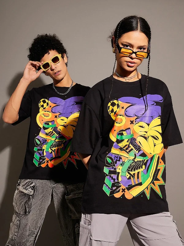 Unisex Black Shoe Art Print Oversized T-Shirt Collared T-Shirt Boat Neck A-Line