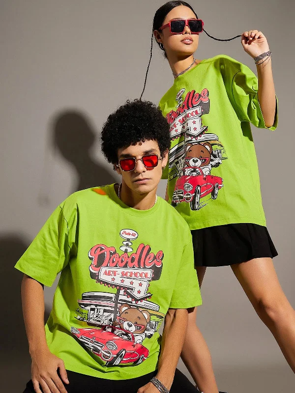 Unisex Green Doodles Oversized T-Shirt Solid Color Striped Floral
