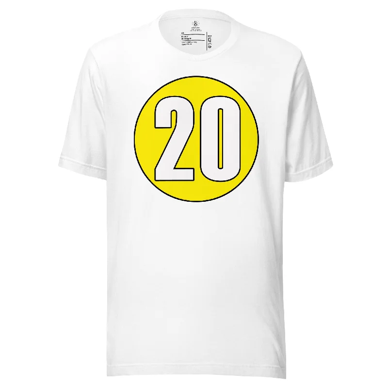 Unisex t-shirt: White on Yellow 20 Iron Safe Non-Iron Wrinkle Free