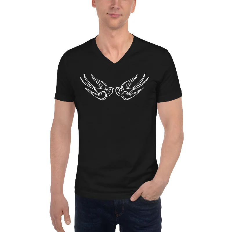 White Falling Sparrows Tattoo Style Bird Short Sleeve V-Neck T-Shirt Houndstooth Herringbone Solid