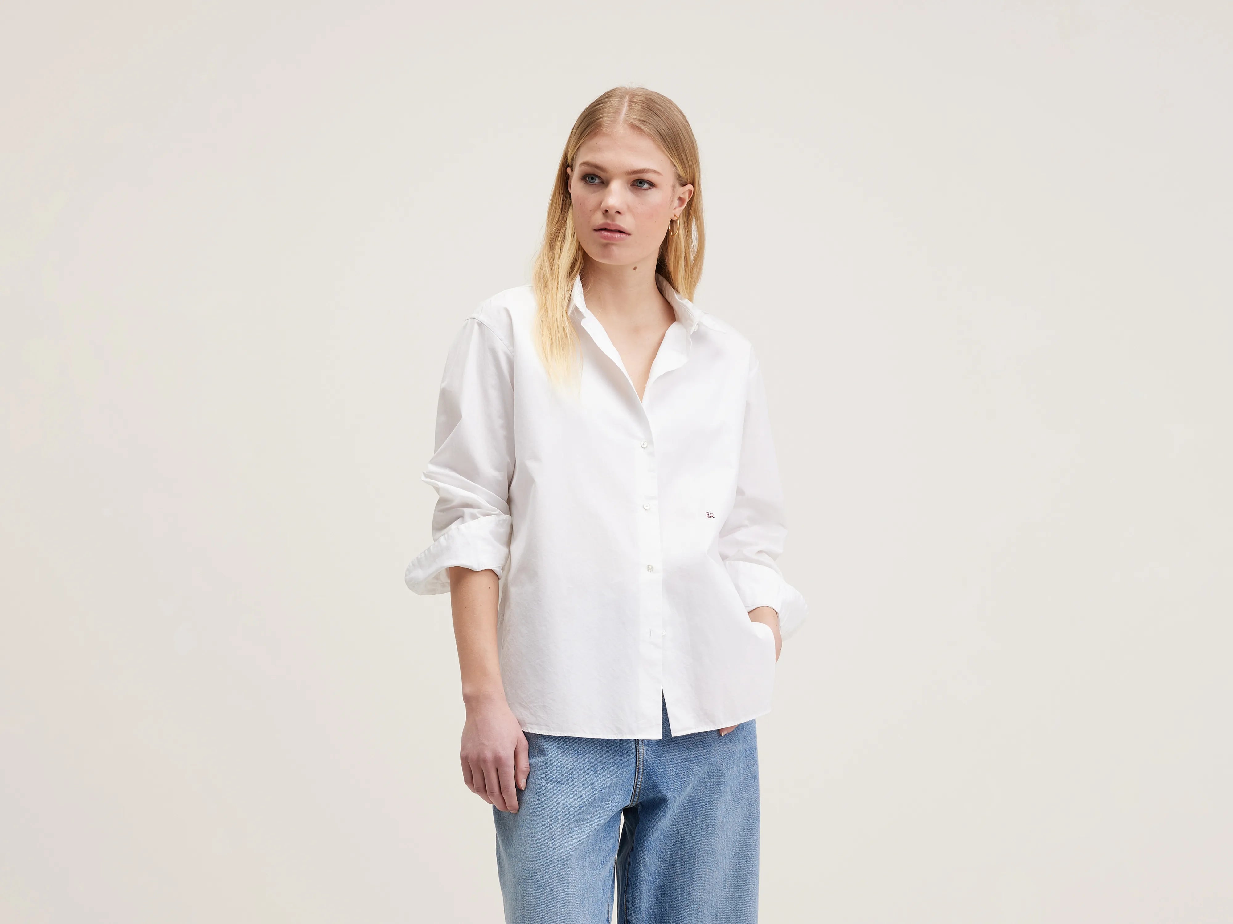 Gastoo poplin shirt (242 / W / WHITE) Houndstooth Herringbone Solid