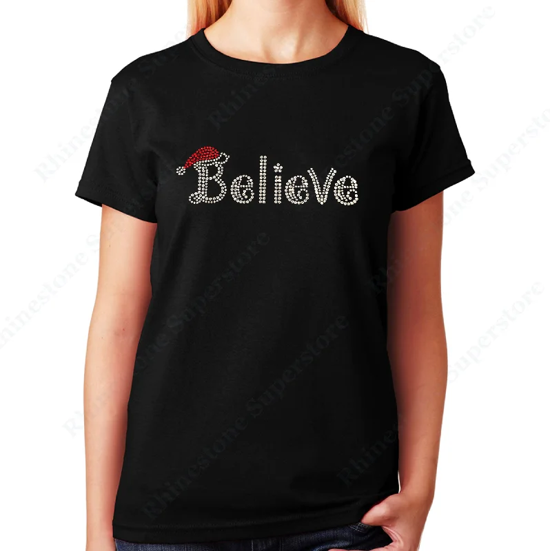 Women's / Unisex T-Shirt with Believe with Santa Hat for Christmas in Rhinestones Notch Collar Peter Pan Collar Cowl Neck