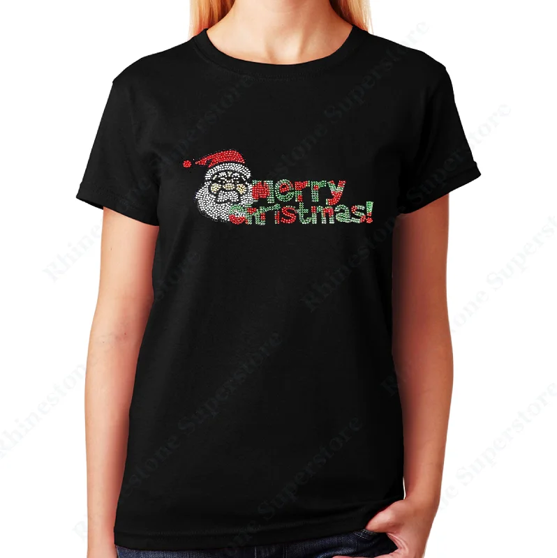 Women's / Unisex T-Shirt with Merry Christmas Santa in Rhinestones Modern Contemporary Chic