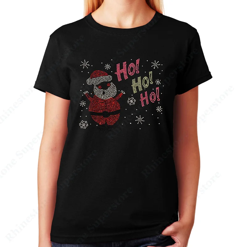 Women's / Unisex T-Shirt with Santa with Ho Ho Ho in Rhinestones Zippered Front Buttoned Front Snap Front Women's / Unisex T-Shirt with Santa with Ho Ho Ho in Rhinestones Zippered Front Buttoned Front Snap Front