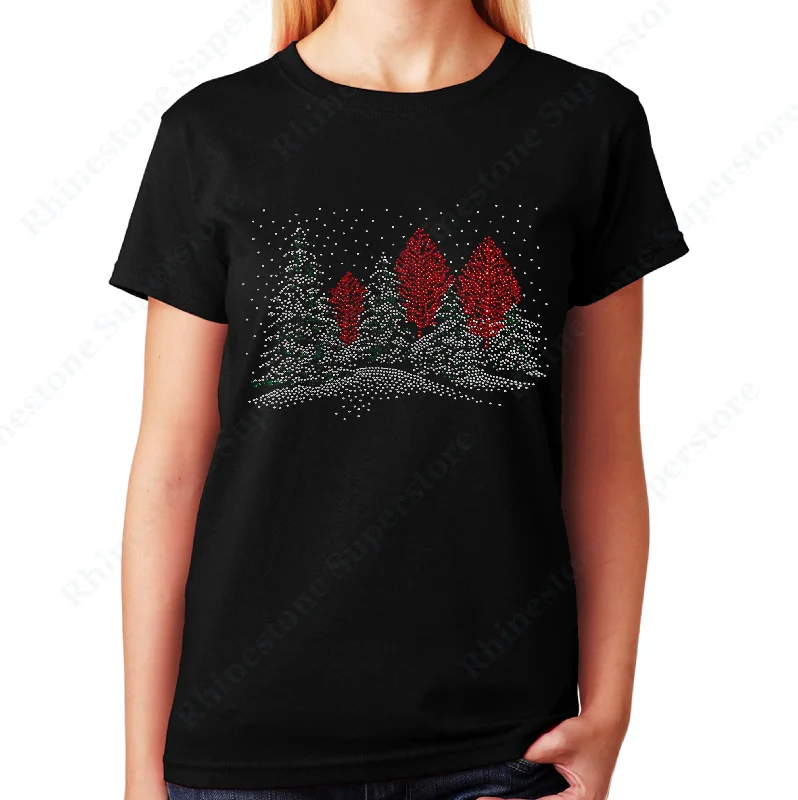 Women's / Unisex T-Shirt with Winter Scene with Snow and Trees in Rhinestones Ribbed T-Shirt High Neck Heavyweight Women's / Unisex T-Shirt with Winter Scene with Snow and Trees in Rhinestones Ribbed T-Shirt High Neck Heavyweight