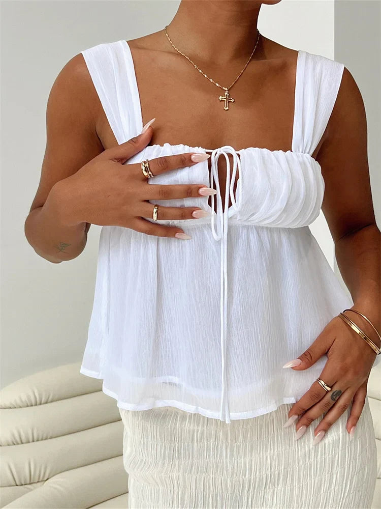 Women Summer Spaghetti Strap Camis Tops Y2K Casual Ruffles Sleeveless Square Neck Lace-up Solid Tank Mini Vests fitness tank top