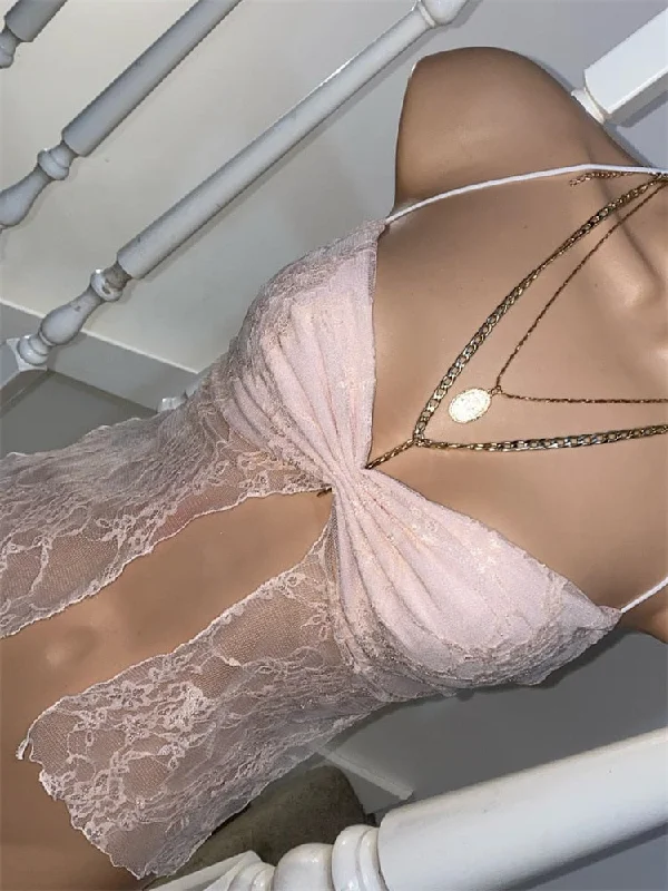 Lace Mesh See Through Camis Y2K Tops Summer Retro Women Backless Tie-up Off Shoulder Halter Tank Mini Vests New vintage tank top