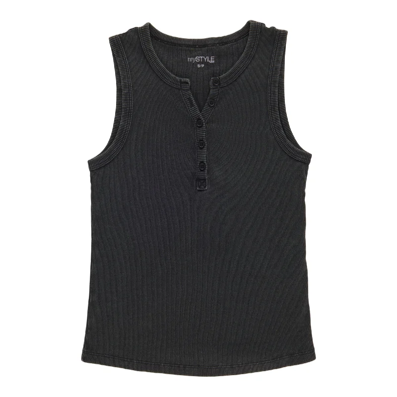mySTYLE Women's Ribbed Henley Tank Top low neck tank
