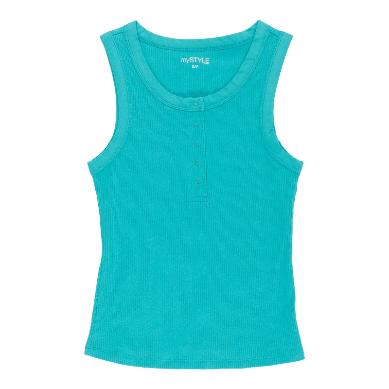 mySTYLE Women's Summer Sizzle Rib Henley Tank Top open back tank