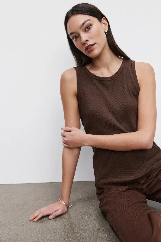 Velvet by Graham & Spencer Maxie Cotton Slub Ribbed Tank | Bark one shoulder tank