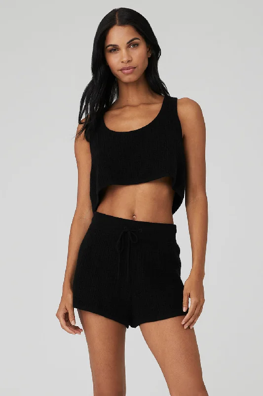 Cashmere Plush Waffle Cropped Tank - Black bold tank top