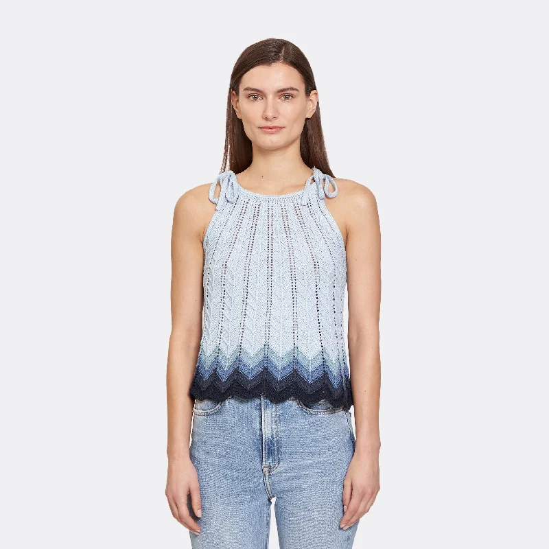 Zig Zag Stitch Flared Halter Tank in Glacier Blues Combo sheer tank top