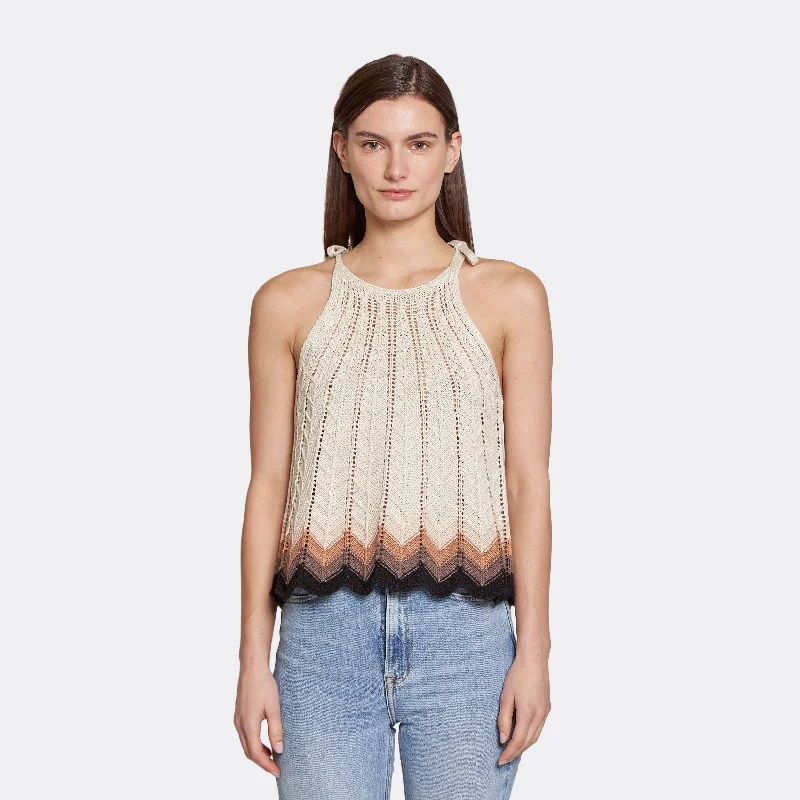 Zig Zag Stitch Flared Halter Tank in Hemp Neutral Combo mesh tank top