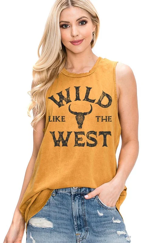 Mustard Yellow Wild Like The West Graphic Sleeveless Relaxed Fit Tank Top Shirt pastel tank top