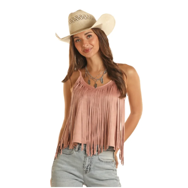 Women's Suede Tank with Fringe in Rose by Rock & Roll BW20T03281-ROSE flexible tank top
