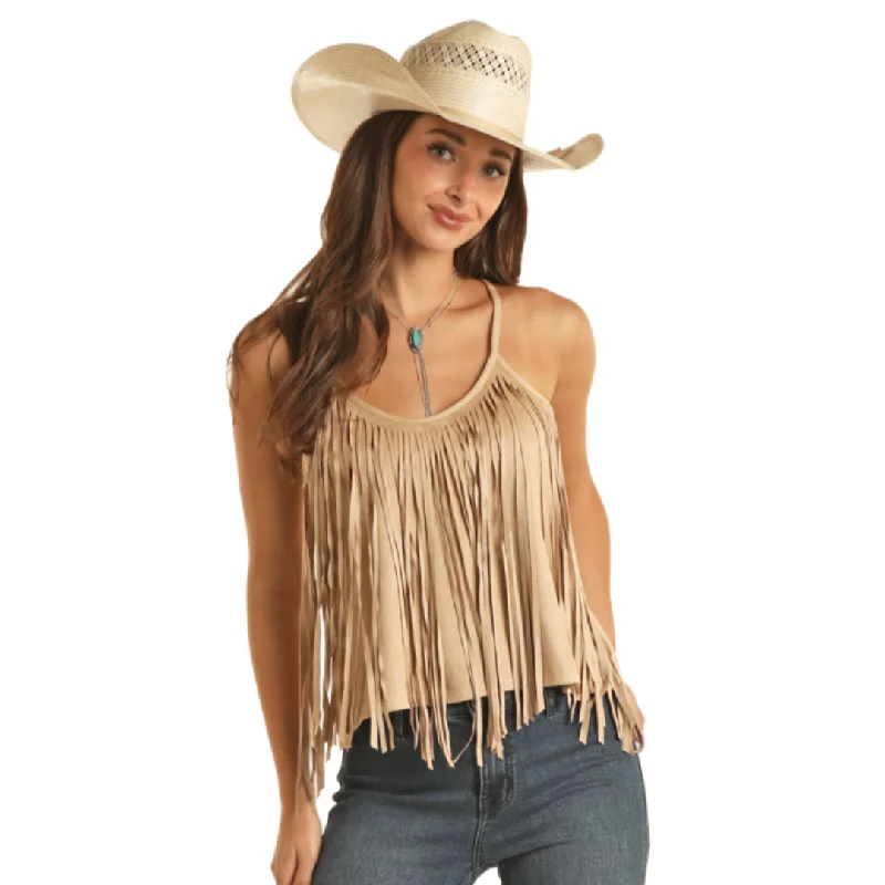 Women's Suede Tank with Fringe in Tan by Rock & Roll BW20T03281-TAN stylish tank top