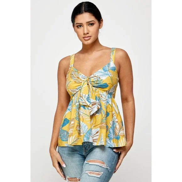 Honey Yellow Blue Tropical Floral Knotted Cami Babydoll Summer Vacation Tank Top scoop neck tank
