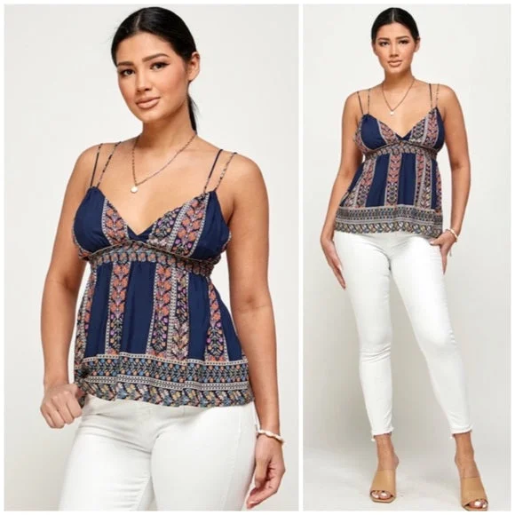 Navy Bohemian Border Floral Print Smocked Casual Cami Tank Top Women's v-neck tank top
