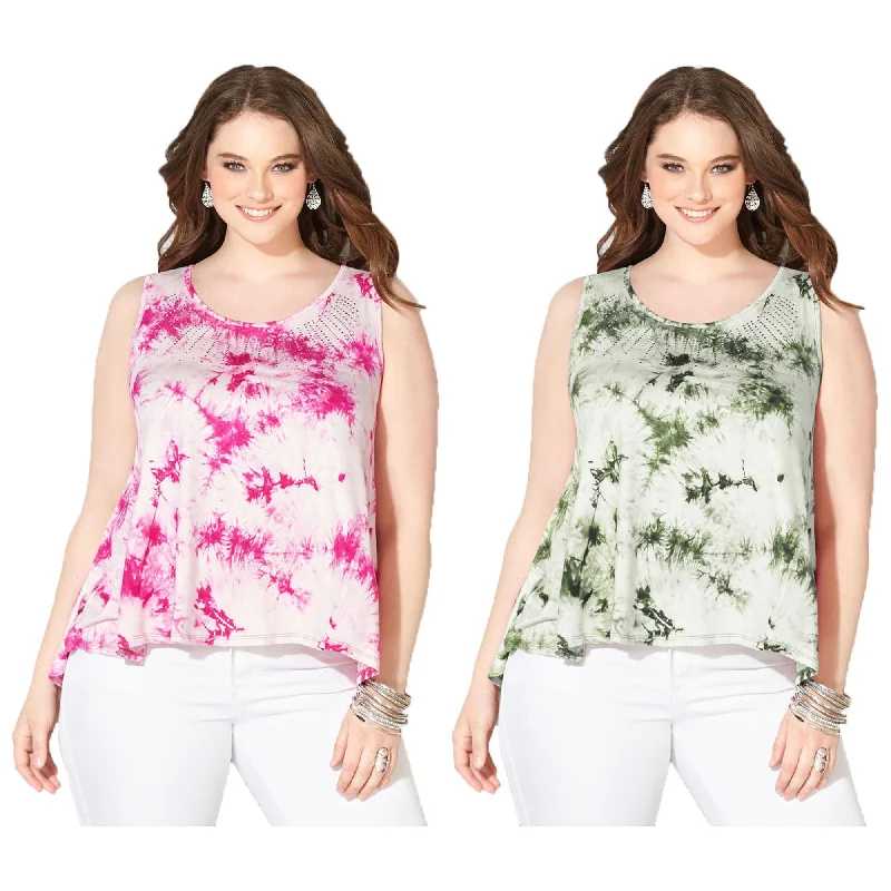 Avenue Pink or Green Tie Dye Sleeveless Embellished Swing Tank Top rhinestone tank top