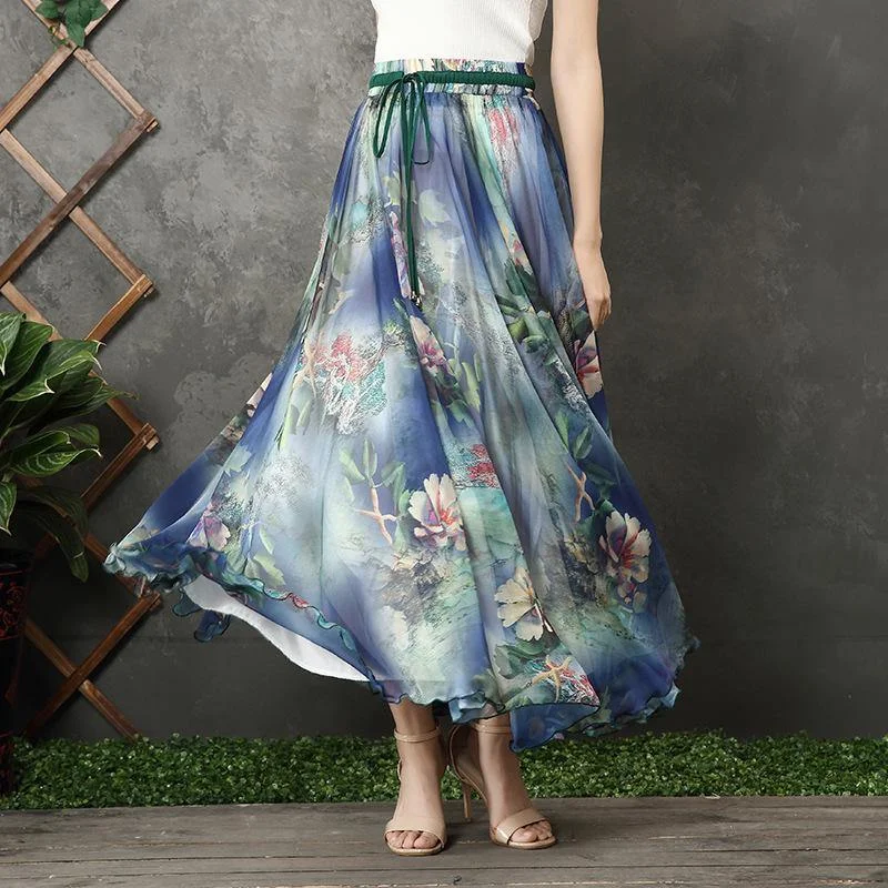 Chic blue floral chiffon Long Shirts elastic tie waist long summer Dress Tunics Cozy soft