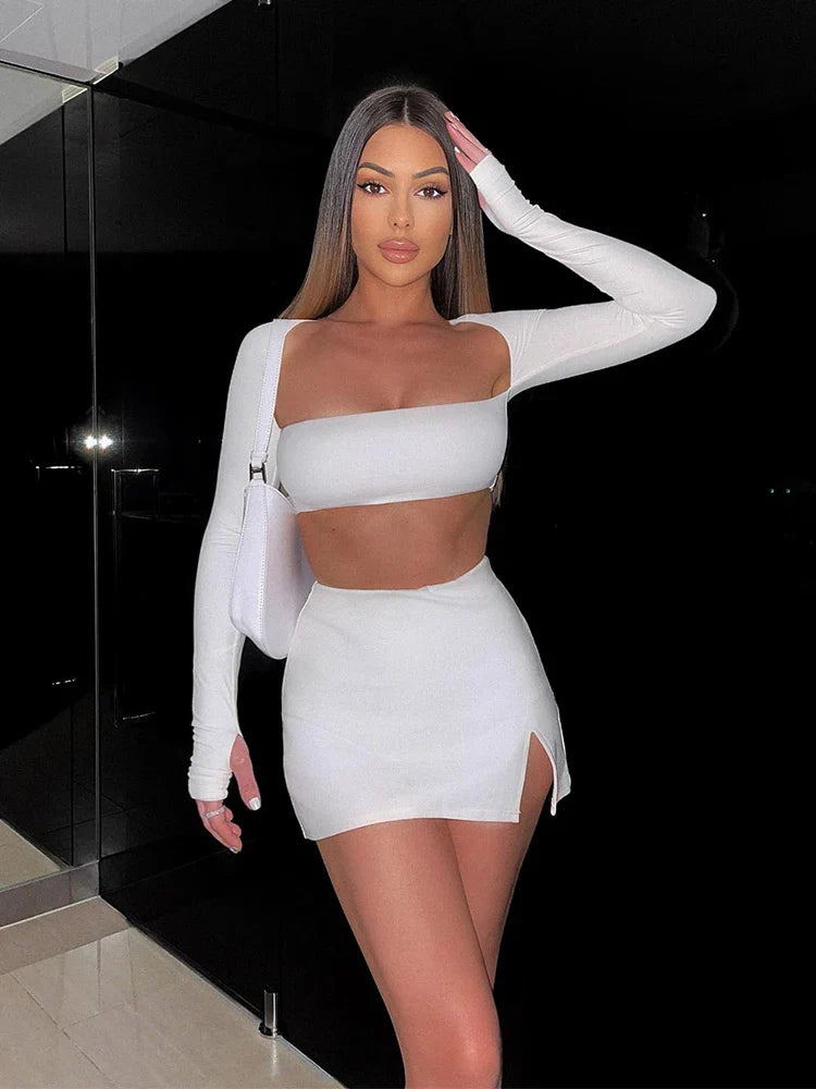 White Long Sleeve Side Split Mini Skirts Slim Autumn 2 Piece Dress Tunics Long Elegant