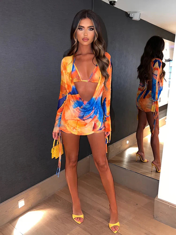 Long Sleeve Crop Top Mini Skirts Bra Slim Three Set Spring Summer 2 Piece Dress Crew Neckline Sporty