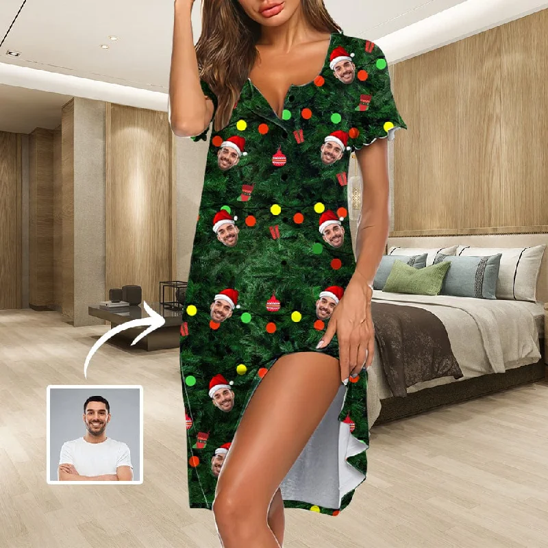 Custom Face Christmas Print Women's Pajama Dress - Green Tunics Mesh breathable