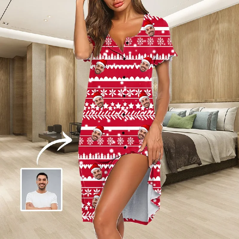 Custom Face Christmas Snowflake Pattern Women's Pajama Dress - Red Tunics Fleece cozy