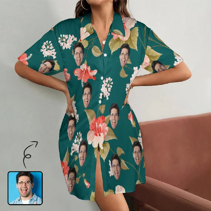 Custom Face Flowers Bloom Women's Satin Shirt Nightdress - Green Tunics Office stylish