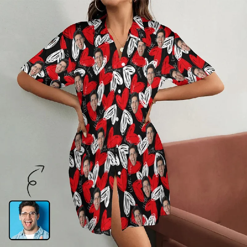 Custom Face Hand Drawn Love Heart Women's Satin Shirt Nightdress - Black Tunics Occasion special