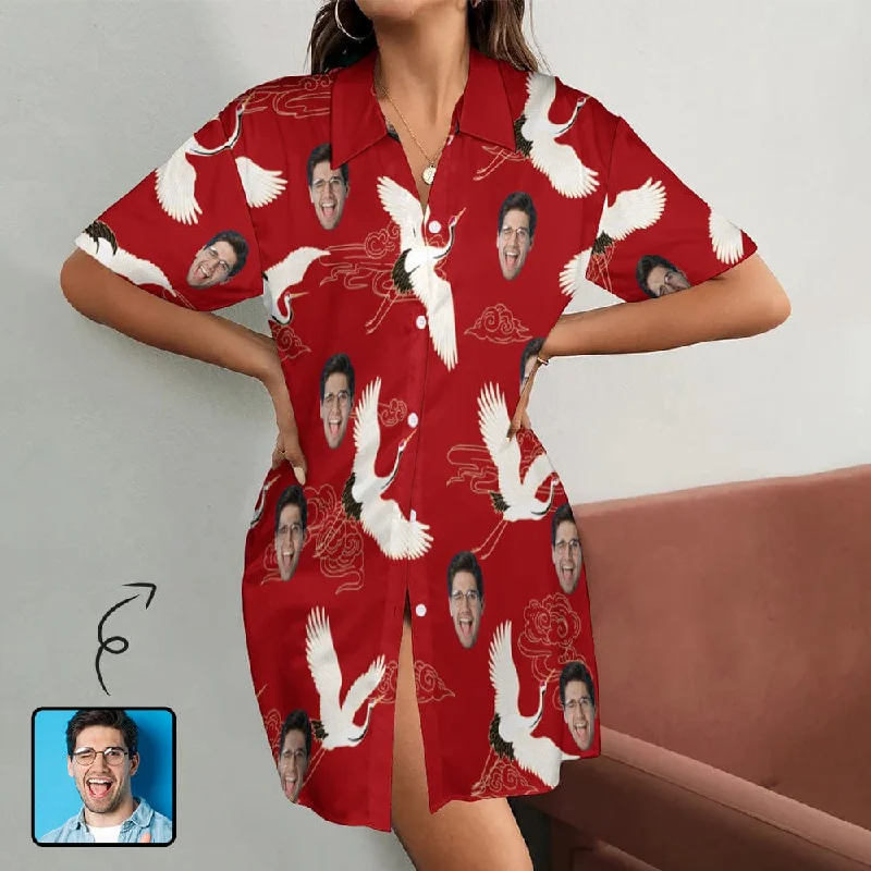 Custom Face Red-Crowned Crane Pattern Women's Satin Shirt Nightdress - Red Tunics Chinos classic