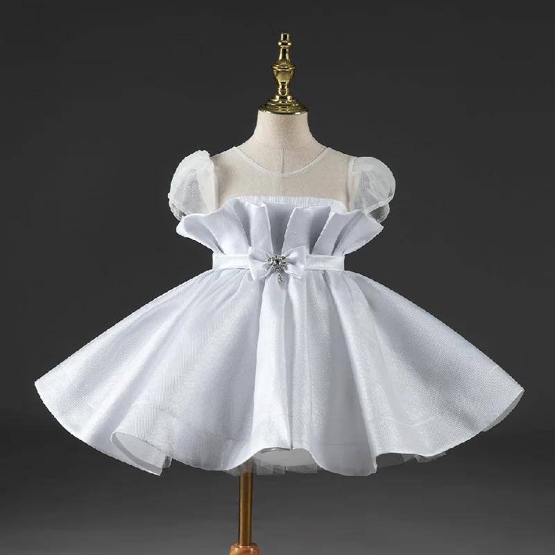 Flower Girl Dress Children Birthday Party Summer White Bow Baptism Dress Cowl Neckline Elegant