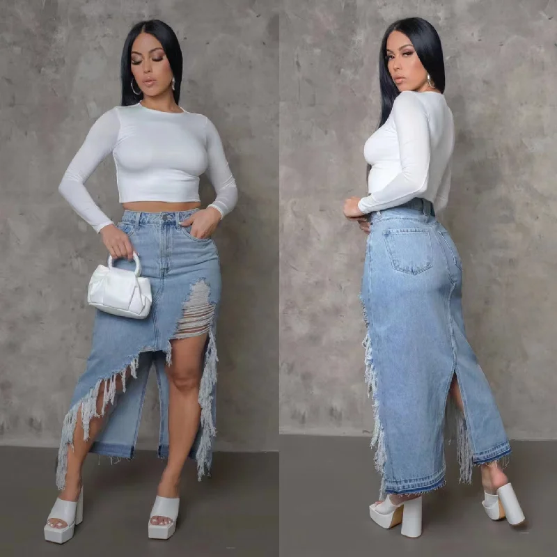 Denim dress with irregular tassels and holes（CL11456） A-Line Day Work