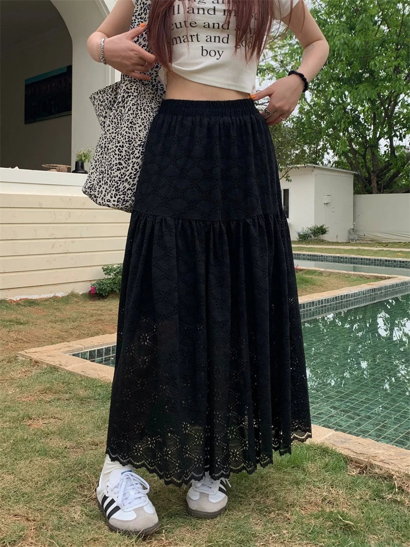 DressBetty - Black Lace Ruffled High Waist A-Line Skirt Tunics Trendy modern