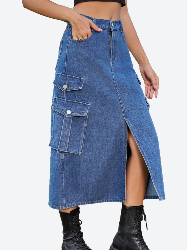 DressBetty - Casual Split Long High Waisted A-Line Cargo Jean Skirt Square Neckline Feminine