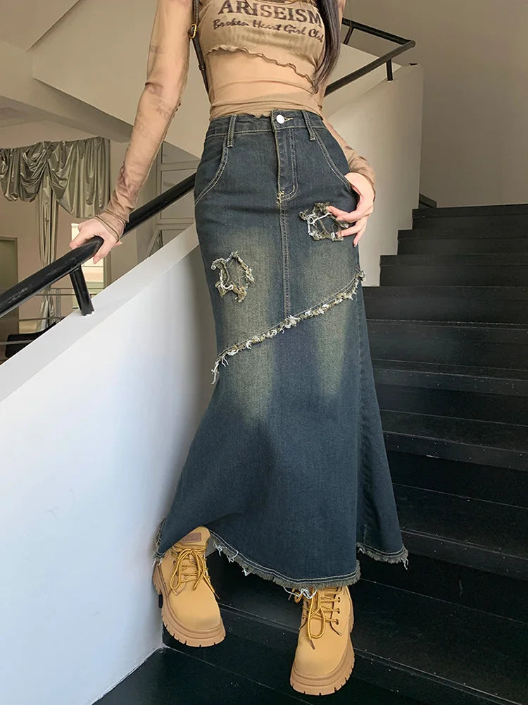 DressBetty - High Waist Raw Trim Mermaid Hem Long Denim Skirt Shift Classic Vintage