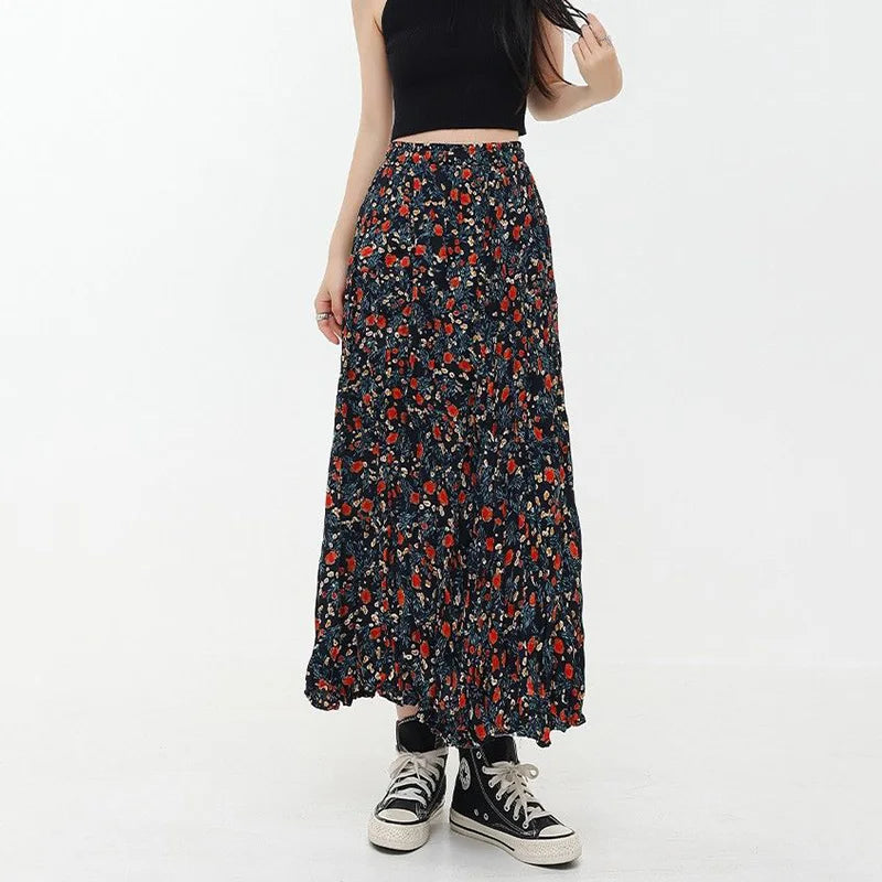 DressBetty - Korean Fashion Floral Print Elegant Long Skirt Tunics Denim casual