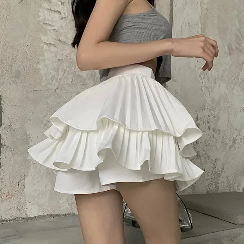 DressBetty - Layered White Ruffles High Waist Pleated Mini Skirt Tunics Sophisticated sleek