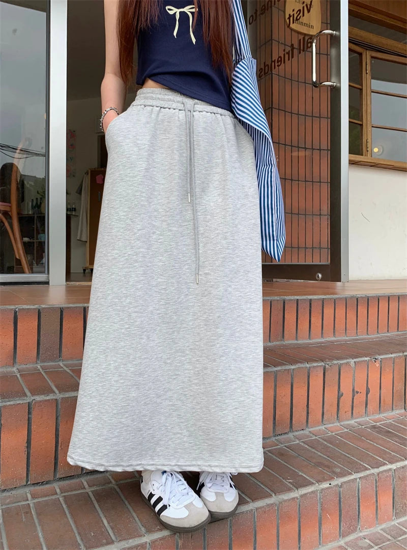 DressBetty - Solid Color Elastic Drawstring Straight Long Skirt Crew Neckline Sporty