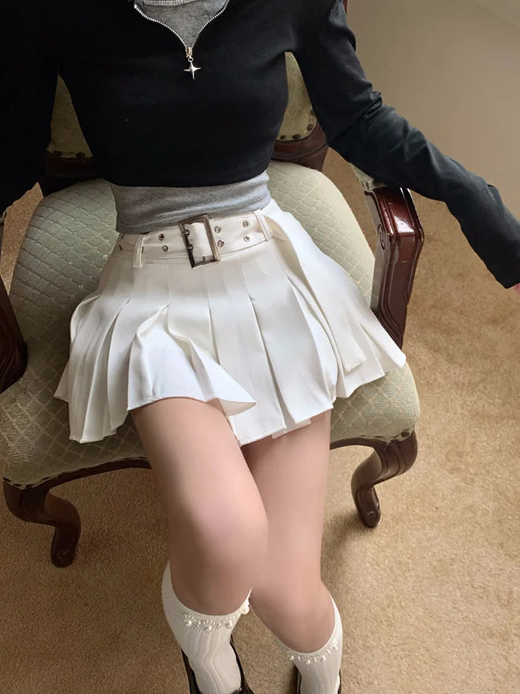 DressBetty - White Cargo Pleated Mini Skirts Retro Low Waist A-Line Skirt Tunics Fall fleece