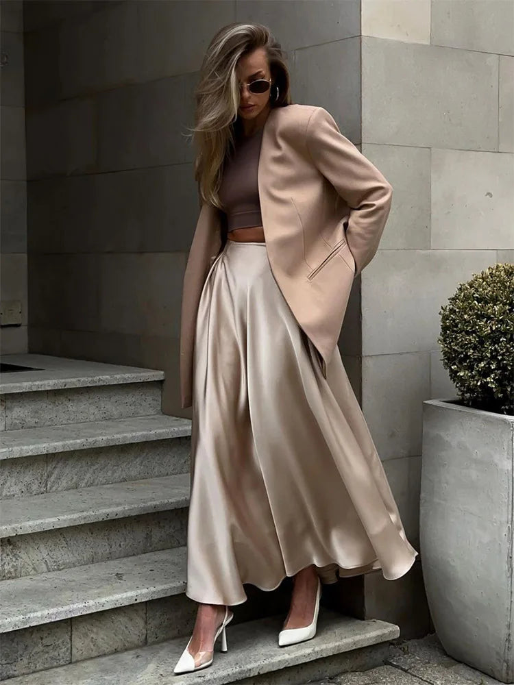 DressBetty - Elegant Satin Loose High Waist Maxi Streetwear Fashion Black Skirt Tunics Brand named