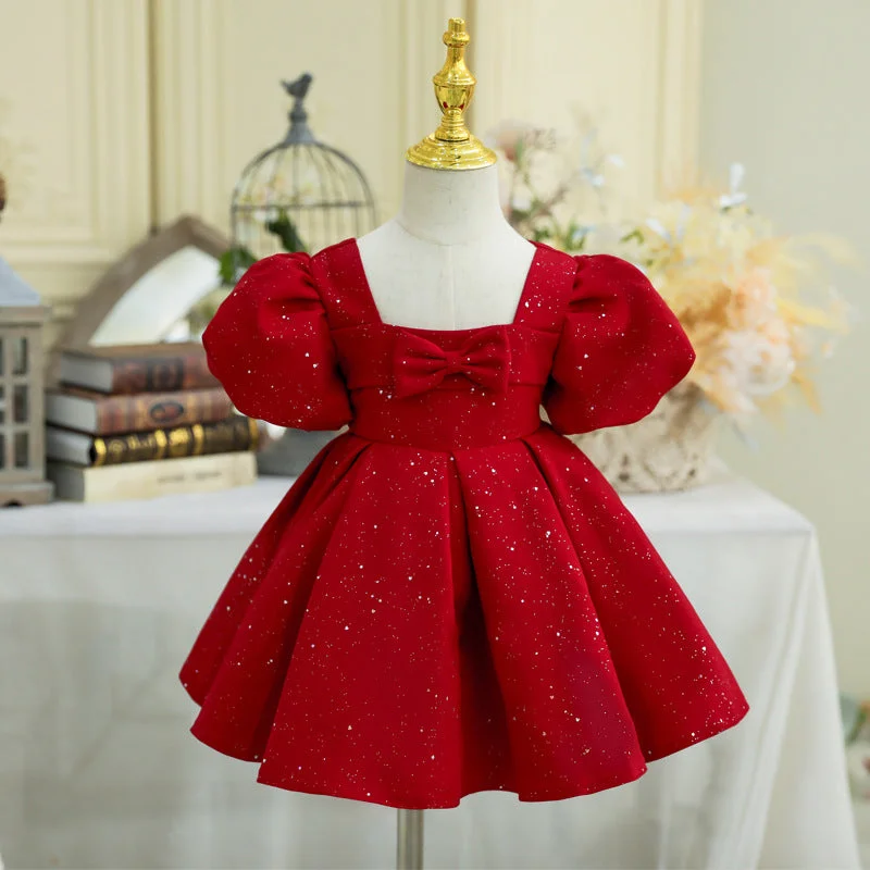 Girl Christmas Dress Baby Girl Day Red Square Neck Bow Princess Dress Tunics Seasonal trendy