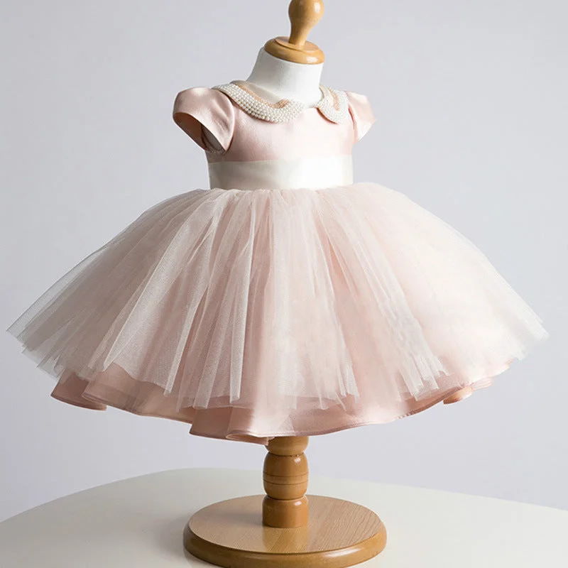 Baby Girl Dress Toddler Summer Beaded Doll Collar  Mesh Fluffy Princess Party Dress sweetheart Neckline Romantic