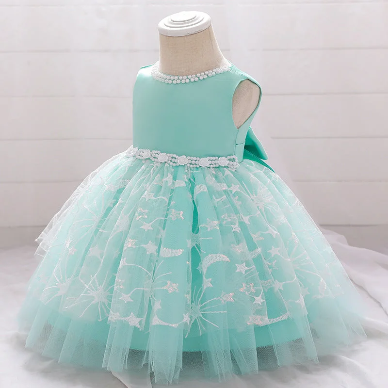 Little Girl Dress Toddler Prom Beaded Round Neck Sleeveless Puffy Princess Dress Tunics Long Elegant