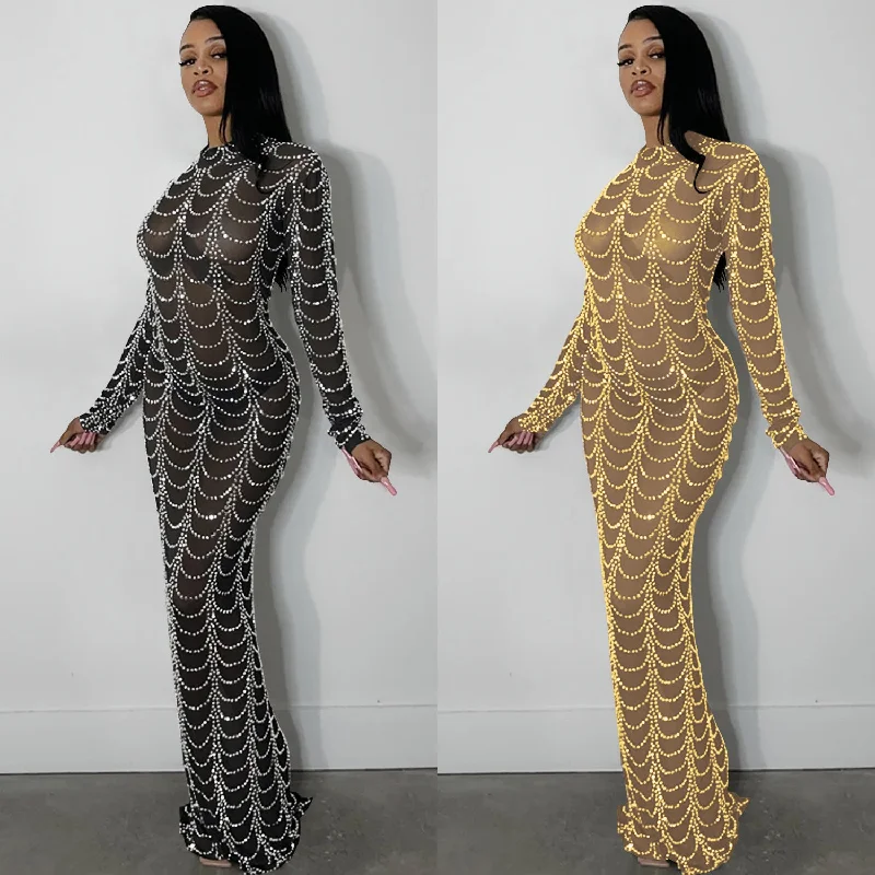 Hot Drilling Mesh Perspective Long Sleeve Dress (CL11063) Crew Neckline Casual